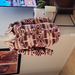 Unicorn Tribe Snowy Tribal Fluffy Jacket 4 Pockets Brown Brick Red Geo Pattern